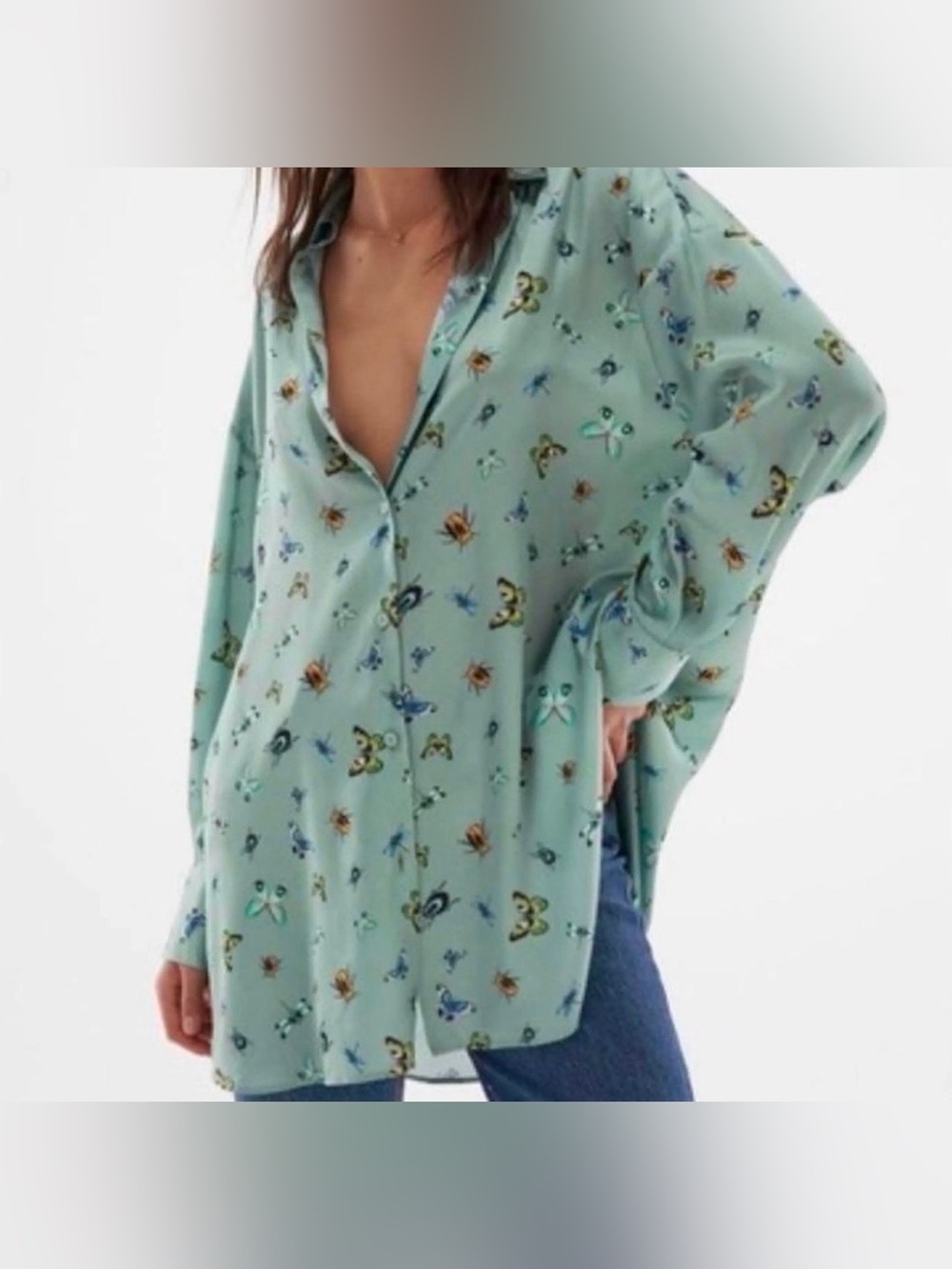 Zara silky finish butterfly insect print relaxed fit button down blouse